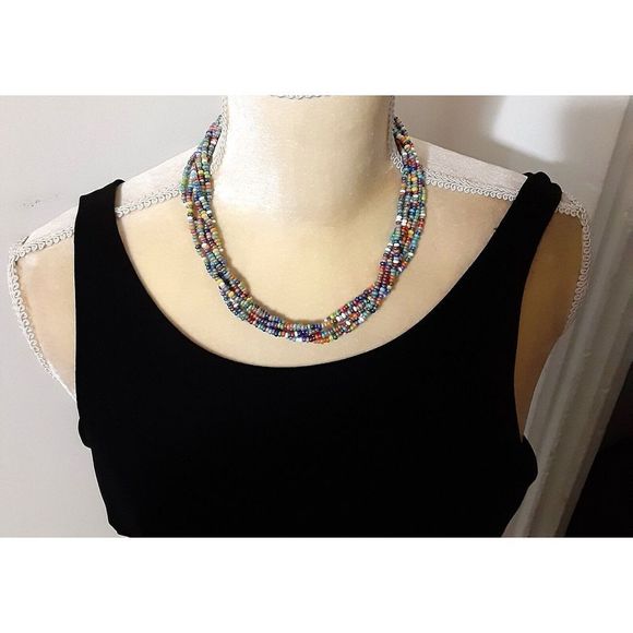 Multicolor 6 strand seed bead necklace 16" casual - Picture 1 of 3